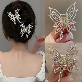 HAPVITAL Hair Clip, Butterfly Shaped Design, 2 Pieces, Pearl Butterfly and Rhinestone Butterfly, Hair Clip, Hair Accessory, Popular, Korean Style, Cute, Simple, Stylish, Office, Ladies' Gift,
