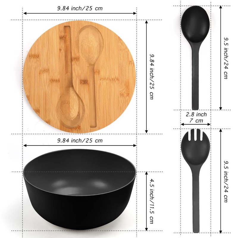 ShineMe Black Salad Bowl Set, 9.8inches Large Bamboo Fiber Salad