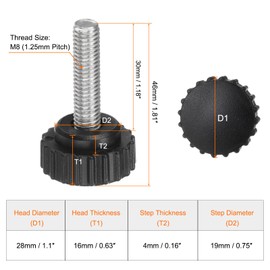 HARFINGTON 6pcs Knurled Clamping Knobs Thumb Screws M8 x 30mm Metric Male Thread 28mm Matte Plastic Head 304 Stainless Steel Stud Hand Threaded Knob Thumbscrew Handle, Black