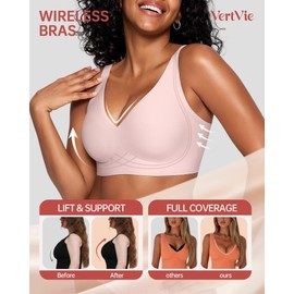 Vertvie Deep V Bras for Women No Underwire Push Up Wireless Bra Comfort Seamless Supportive Bra Racerback Soft Sleep Bralette(XX-Large,Pink)