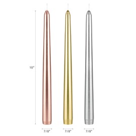 Mega Candles 12 pcs Unscented Metallic Taper Candles, Hand Poured Wax Candle 10 Inch x 7/8 Inch, Home Décor, Wedding Receptions, Centerpieces, Birthdays, Celebrations, Romantic Events, Candle Holders