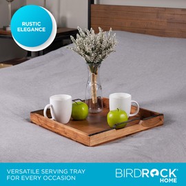 BIRDROCK HOME Wooden Serving Tray with Handles - Farmhouse Decor - Square Top Breakfast Trays - Tea Cheese Board - Coffee Table - Natural Acacia Wood - Kitchen - Bar