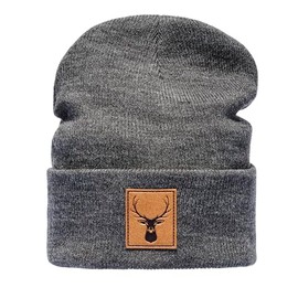 Outdoor Knitted Hat: Deer with Leather Patch - Mountaineering Climbing Bouldering Sports Hiking Hunter Hunting Hat Winter Hat Beanie Workwear Hat Women & Men Gift, charcoal