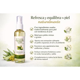 Tónico Facial Té Verde, Hamamelis, Sábila 125ml, Anti-acné, Calmante, Refrescante, Antioxidante.