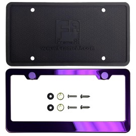 T304 Stainless Steel License Plate Frame Purple Mirror Chrome Electroplating Universal Fit Aluminum Screw On Cap Cover, Rust Proof Weather Proof Steel Screws Silicone Back Guard (Qty: 1 Frame)