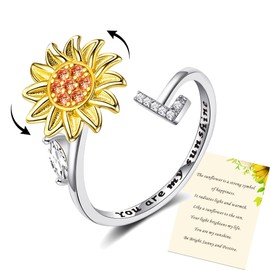 Women Sunflower Initial Letter Spinner Ring Open Adjustable Ring CZ Rings Daisy Stress Relieving Ring Jewelry Gift for Women Girl (L)