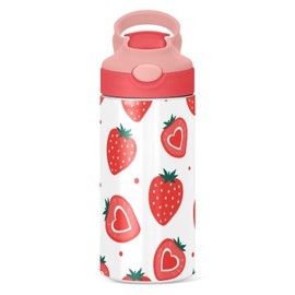 Strawberry Cute Kids Water Bottle with Straw Insulated Stainless Steel Drink Bottle for Girls School 350ml Leakproof Vacuum Hot Cold Water Flask