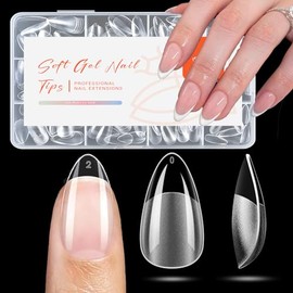 modelones Puntas de Uñas Cortas de Almendra, Gel Preformado X Puntas de Uñas de Cubierta Completa Uñas Postizas de Gel Suave Acrílico Puntas de Uñas E