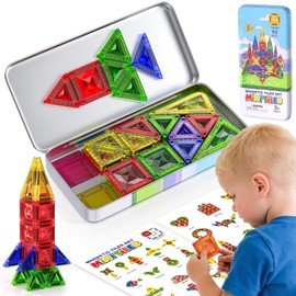 OFFISYS 40PCS Mini Magnetic Tiles, Magnetic Building Blocks with Iron Box, Portable On-The-Go Travel Toys, STEM Educational Construction Set for Kids Ages 3+ Toddlers Boys and Girls