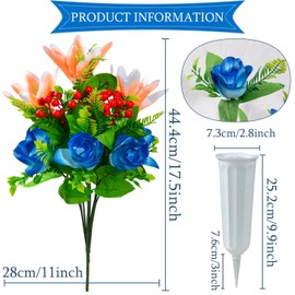 XONOR Artificial Cemetery Flowers for Grave, Set of 4 Artificial Flowers Bouquet Memorial Flowers with Vase for Outdoor Cemetery Headstones Graveyard Gravestone Decoration (Blue&Orange-4Pcs)