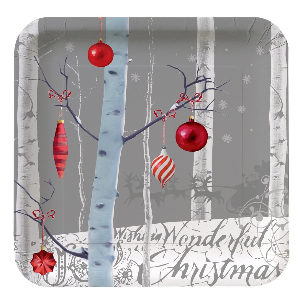 White Winter Christmas Square Banquet Dinner Plates - Official Party Supplies