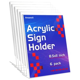Anwesti Acrylic Sign Holder 8.5" x 11" - 6 Pack Clear L-Shaped Tabletop Menu Frame for Restaurants, Photos, Posters | Slanted Back Design | Durable Promotional Display Stand