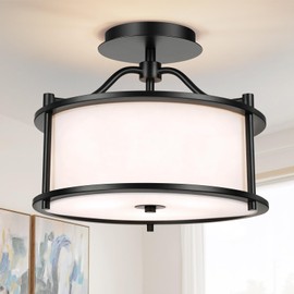 FRIDEKO HOME Semi Flush Mount Ceiling Light 3 Light Ceiling Light Fixture Close to Ceiling Light Fixture with Metal Frame Fabric Drum Shade for Bedroom Living Room Hallway Kitchen Entryway