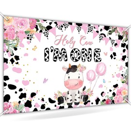 Avezano Holy Cow I'm One 1st Birthday Backdrop for Girls Pink Pink Flower Milk Cows 1st Birthday Party Decorations Holy Cow I'm One Banner Large 70.8 x 43.3 Inch