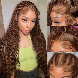 28 Inch 13X6 Chocolate Brown Lace Front Wig Water Wave Wet And Wavy Lace Front Wigs Human Hair Curly Glueless Pre Plucked Bleached Knots Wig 13x6 Colored
