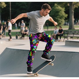 Goodstoworld Neon Mushroom Sweatpants for Men Parachute Pants Graphic Joggers Rave Pants Clothes Jogging with Drawstring Pockets L