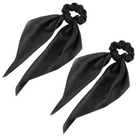 2 Pcs Knotted Bow Satin Hair Scrunchie Hair Scarf with Tail Hair Scrunchies Elastic Hair Scarf Ponytail Holder for Women and Girls (Black)