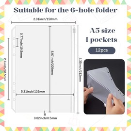 SOFPLATE 12Pcs A5 Binder Pockets 6 Holes Budget Cash Envelopes Clear Zipper Folders Waterproof PVC 6 Rings Loose Leaf Bags Binders for Planner Inserts Document Pouch Filing Pencil Office Supplies