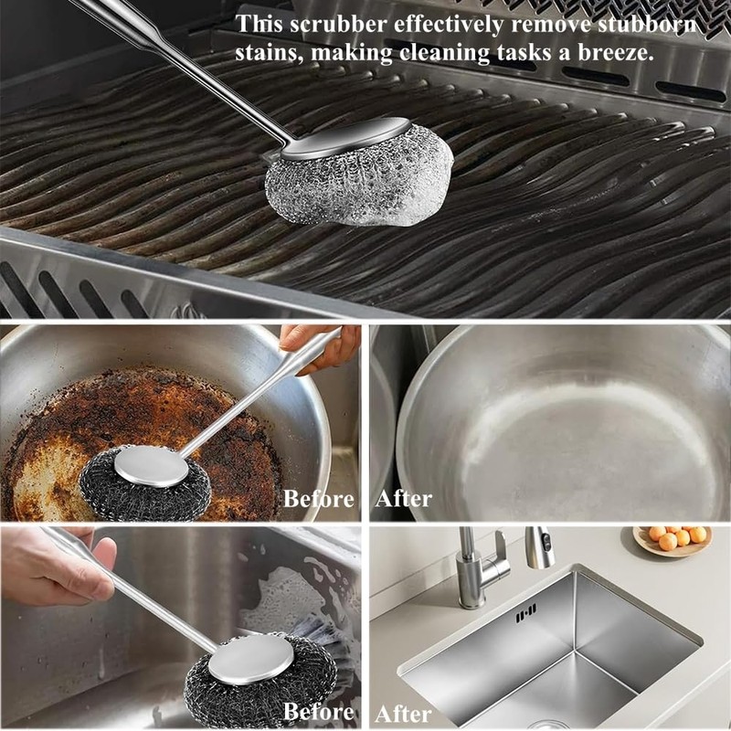 PXIRQ Stainless Steel Scrubber with 13.78" Metal Handle - Includes