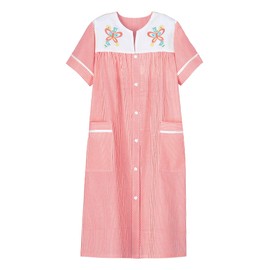 AmeriMark Women Calf-Length Snap Front Knit Duster House Coat Robe – Loose-Fitting Plush Bathrobe - Short Sleeve Bath Robe