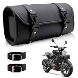 Universal Motorcycle Saddle Bag, Motorcycle Tool Bag, PU Leather Waterproof Tool Bag, Round Storage Bag, 2 Mounting Straps, Black