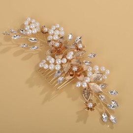 Octwine Bridal Wedding Rhinestone Hair Comb Flower Leaf Hair Comb Bridal Rhinestone Pearls Side Comb Crystal Hair Piece Wedding Party Prom Hair Accessories for Women (Gold)