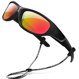 RIVBOS Rubber Kids Polarized Sunglasses With Strap Glasses Shades for Boys Girls Baby and Children Age 3-10 RBK037- Black Red Iced Lens