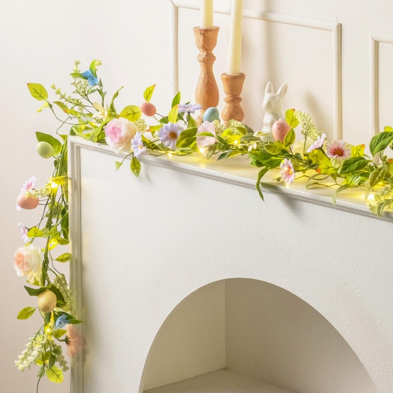 6 FT Lighted Easter Garland with Eggs & Flowers, Artificial