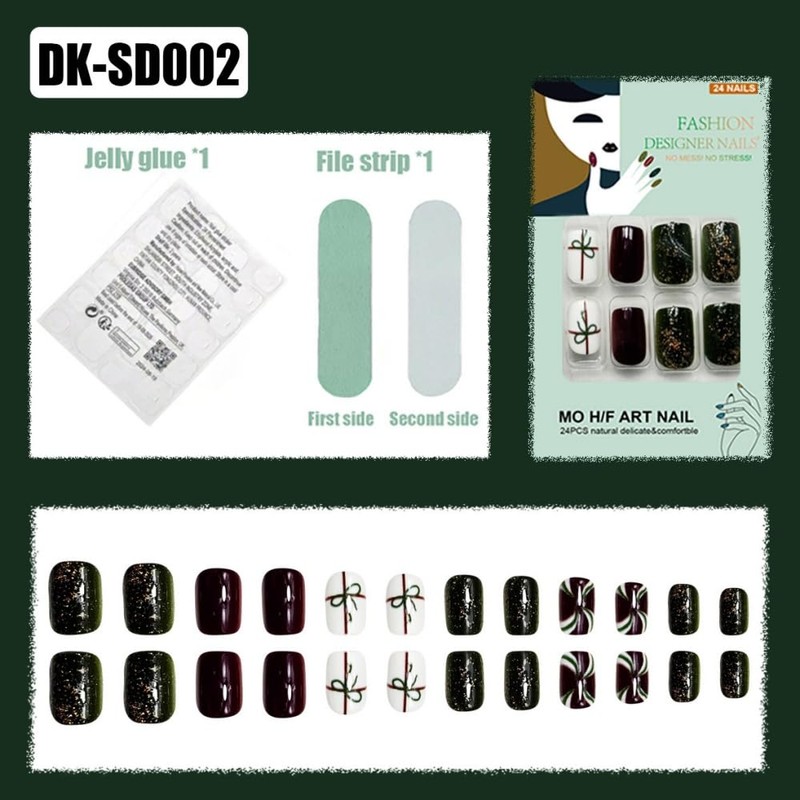 Christmas Press on Nails Short Square Fake Nails with Green