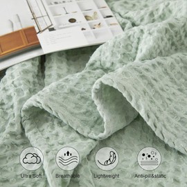 PHF Ultra Soft Waffle Weave Throw Blanket 50"x 60"- Washed Lightweight Breathable Summer Cozy Woven Blanket - Great for Couch Bed Sofa Home Car - Sage Green