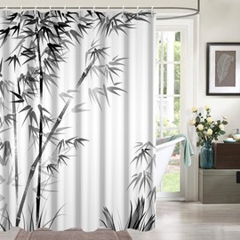 Ruelvth Bamboo Shower Curtain, Aesthetic Ink Bamboo Shower Curtain for Bathroom Waterproof Fabric Black and White Shower Curtain Set with Hooks, 72x72 Inch