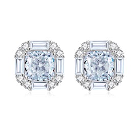 Sterling Silver Diamond Earrings for Women, Sqare 4CT/Pair 7MM Lab Simulation Diamond Stud Earrings Hypoallergenic Perfect Jewelry for Her Birthday Christmas Mothers Day Gifts