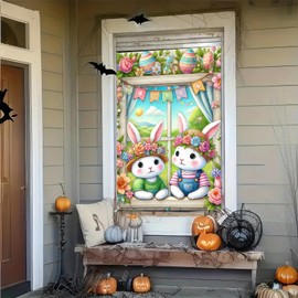 Blissyard Easter Window Decorations Banner Easter Eggs Window Banner Two Rabbits Interior Window Decorations Outdoor Decoration Party Supplies 31x47 Inches