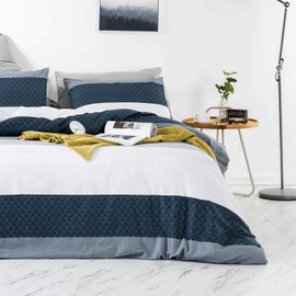 SUSYBAO 3 Piece Duvet Cover Set 100% Cotton Queen Size Navy and White Striped Bedding Set 1 Simple Stripes Print Duvet Cover with Zipper Ties 2 Pillowcases Luxury Quality Soft Breathable Lightweight