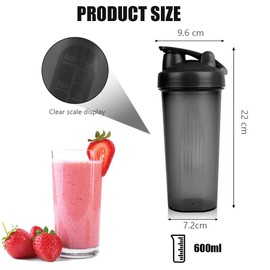 AOGOE Protein Shaker, 600 ml Protein Shaker, Protein Shaker with Measuring Scale and Handle, BPA-Free, Leak-Proof, Durable, Odourless, Shaker for Creamy Whey Protein Powder Shakes (Black + White)