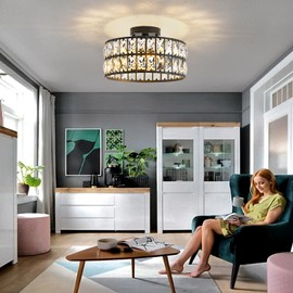 HuixuTe Modern Bedroom Light Fixtures Ceiling, 12.5" Round Drum Crystal Chandelier 3-Light, Black Semi Flush Mount Ceiling Light for Dining Room Kitchen Hallway Living Room