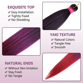 Ombre Black Purple Burgundy Pre Stretched Braiding Hair 30 Inch Box Braids 2 Packs Synthetic Crochet Braid Neat Yaki Texture Hot Water Setting Hair Extensions