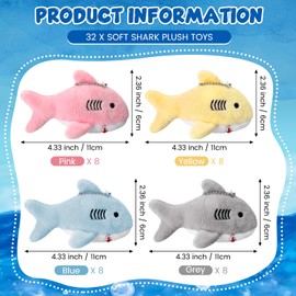 Leyndo 32 Pcs Soft Shark Plush Toys with Keychain 4.33 Inches Mini Stuffed Animal Tiny Ocean Animal Toys Shark Party Favors Prizes for Boys Girls to Decorate School Bags (Pink, Blue, Gray, Yellow)