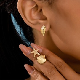 Gold Starfish Shell Earrings for Women 3 Pairs Summer Beach Earrings for Women Set Ocean Accessories Vacation Jewelry (Gold)