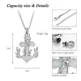 Cross Urn Necklace for Ashes of Loved One Deer Antler Anchor Memorial Cremation Jewelry Fish Hook Funeral Keepsake Ash Pendant(Silver)