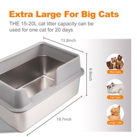 Stainless Steel Cat Litter Box with Lid,19.7” L x 13.8” W x 9.9”H Deep，Metal Litter Box with high Sides,with Scoop,Non-Sticky,Anti-Leakage,No Smell,Easy Cleaning