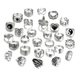 Hifot 29 Pieces Y2K Rings for Women Men Gothic Emo Rings Silver Set, Punk Grunge Vintage Rings Heart, Snake Flower Butterfly Yin Yang Skull Frog Y2K Accessories Jewellery, Metal, No Gemstone