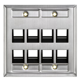 Leviton 43081-2L8 8-Port Angled Stainless Steel QuickPort Dual Gang Wallplate with ID Windows