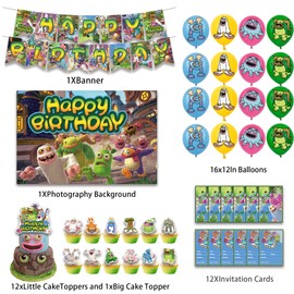 MVMVMVV Monster Theme Birthday Party Supplies Includes Cupcake&Cake Topper-Happy Birthday Banner-Background-Balloons-Invitation Card for Kids Monster Party Decoration