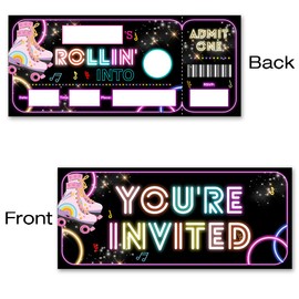 brayqu Roller Skating Birthday Invitations Glow Roller Skating Ticket Invitations Fill-in (20 Invitation Cards with Envelopes)