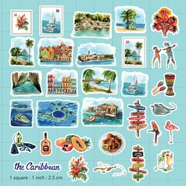 Navy Peony Caribbean Paradise Travel Stickers (31pcs) - Watercolor, Waterproof Tropical Cruise Decals for Journals, Scrapbooks, Water Bottle, Suitcase