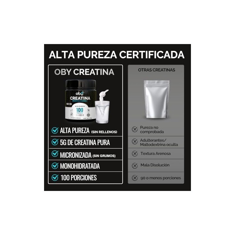 Oby Creatina Monohidratada Micronizada en Polvo 100 Alta Pureza Certificada