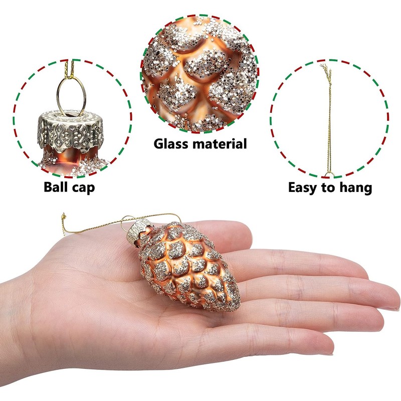 6 PCS Christmas Pinecone Glass Ornaments - Hanging Pine Cone