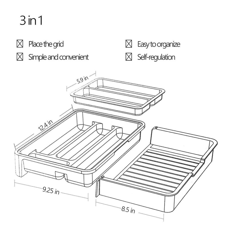 HornTide 3-in-1 Cutlery Tray, Expandable Utensils Holder, Plastic Kitchen Drawer