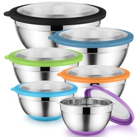 Onader Colorful Mixing Bowl Set of 6 for Kitchen, Large Stainless Steel Metal Nesting Mixing Bowls with Airtight Lids, Non Slip - Size 1, 1.5, 2, 2.6, 3.5, 7QT